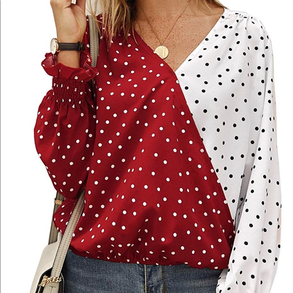Long sleeve cross v polka dot blouse